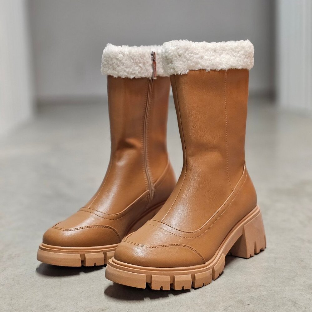 Womens Tan Faux Leather Mid-Calf Boots With Chunky Sole & Faux Shearling Trim